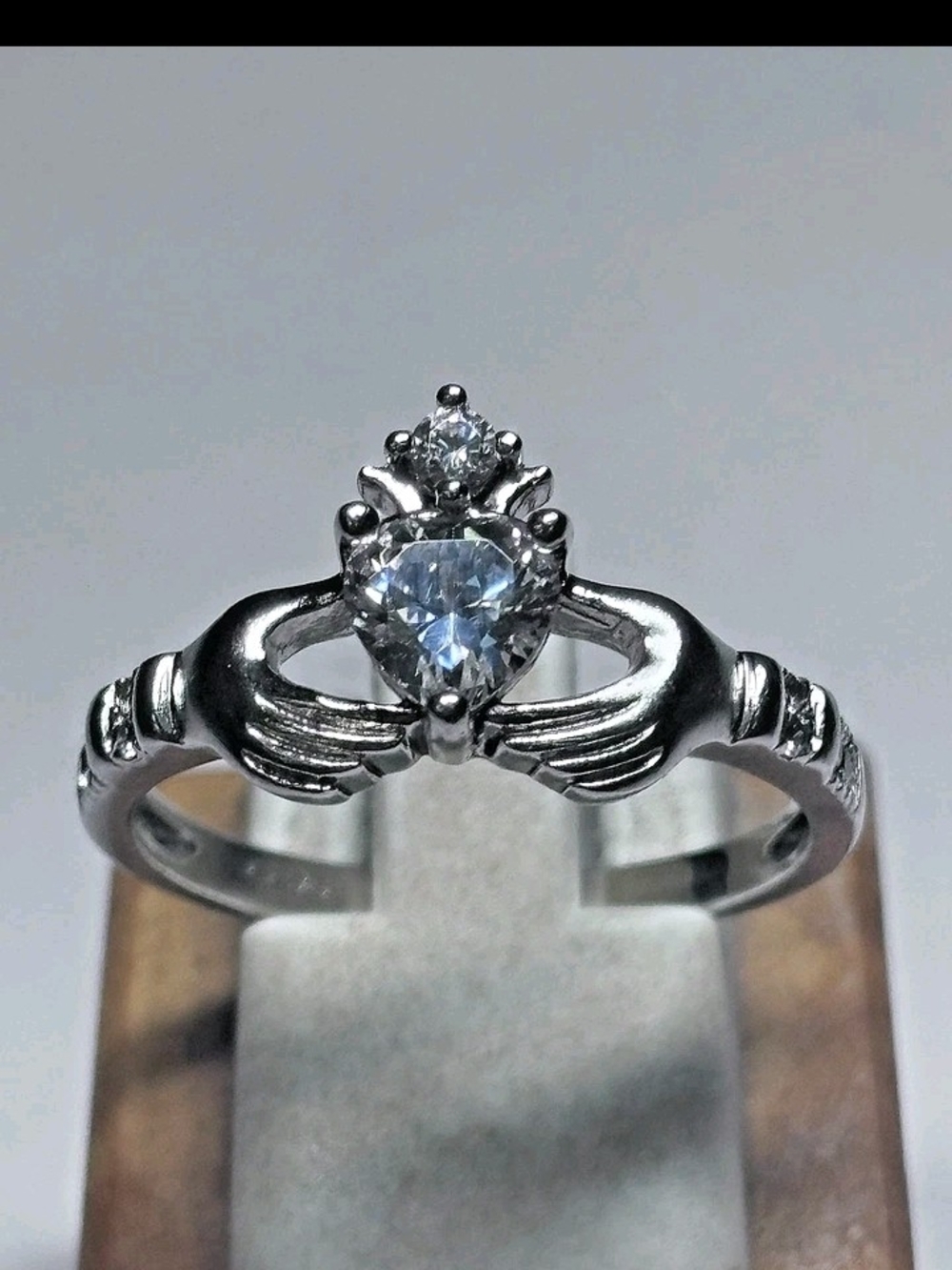Claddagh-Style Silver Ring with Heart-Cut Clear Stone